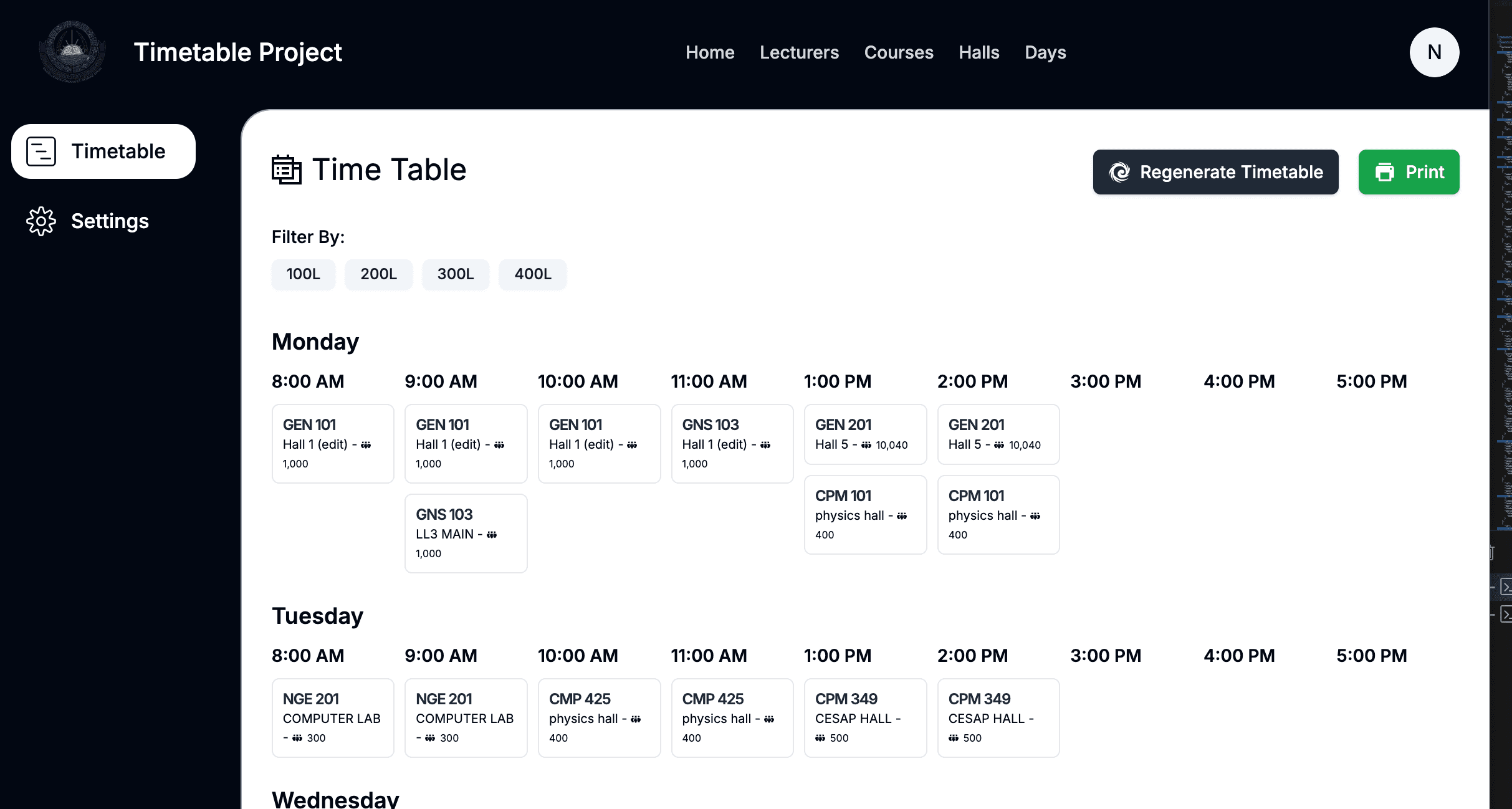 University timetable management interface